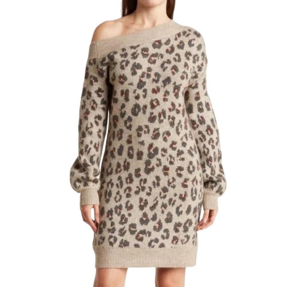 Steve Madden S sweater dress off shoulder leopard tan brown